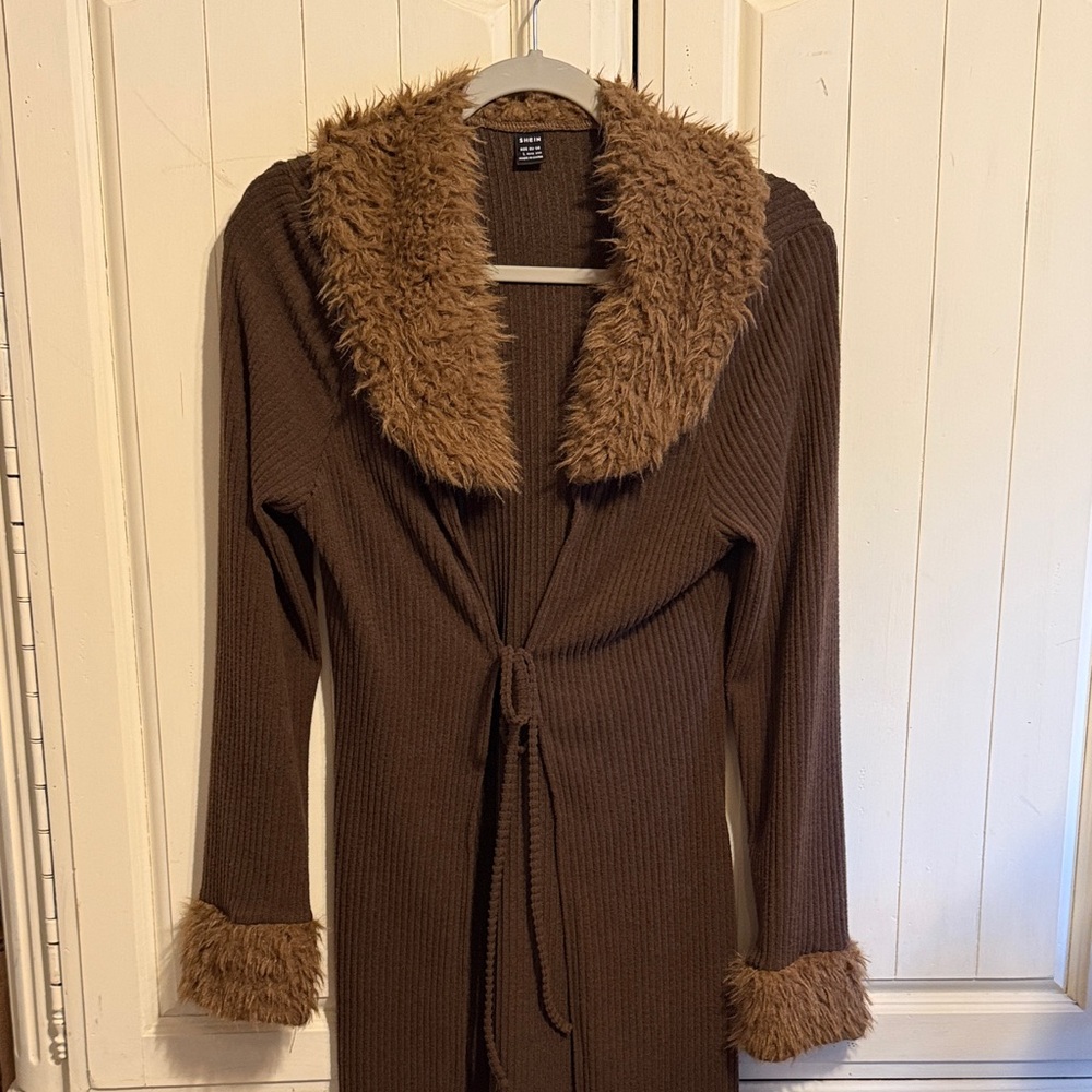 SHEIN Brown Cardigan with Faux Fur Trim